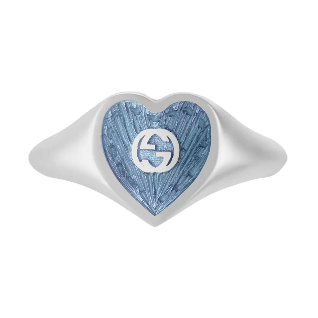 Double G Interlocking G Blue Enamel Heart Ring