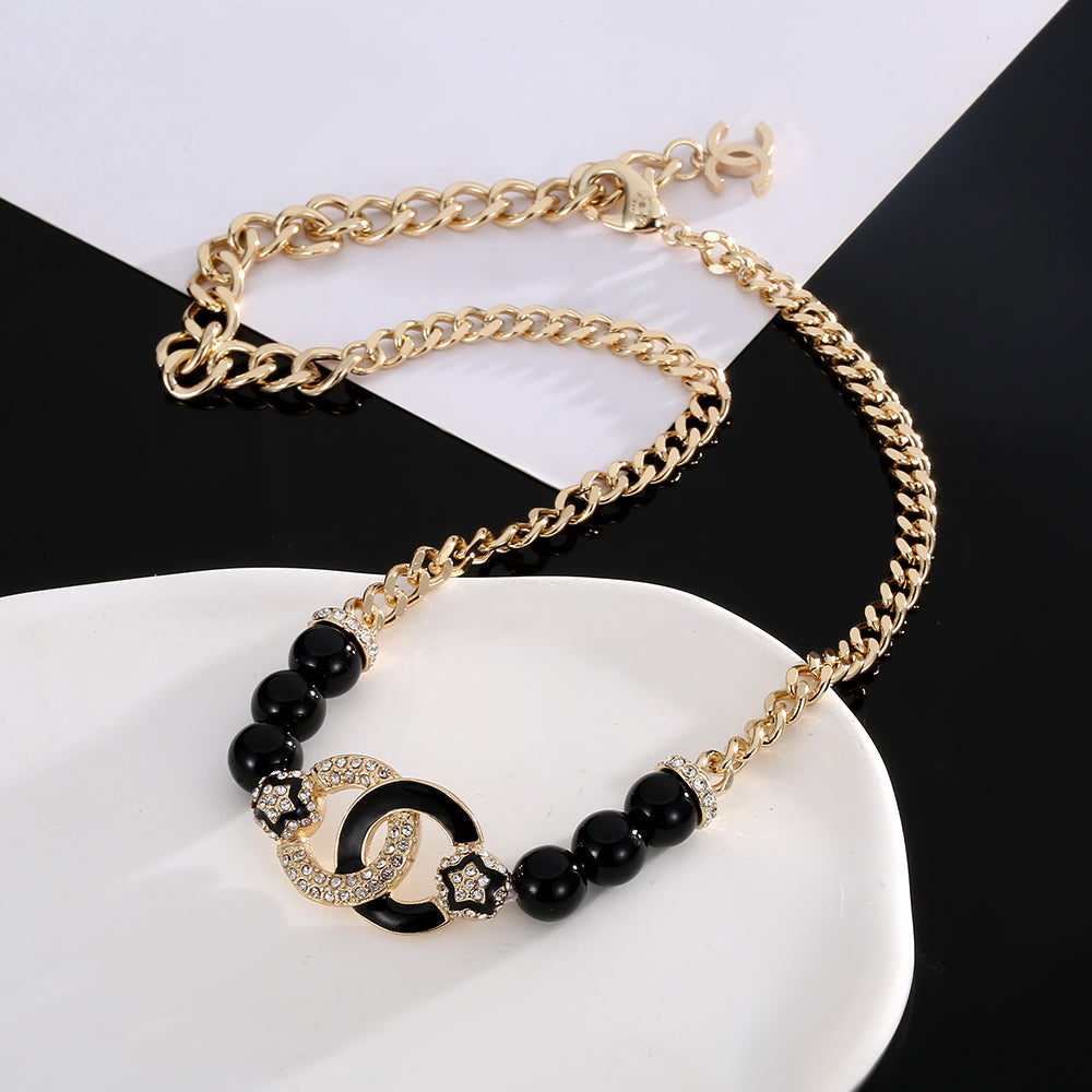18K CC Black Pearls Diamonds Necklace