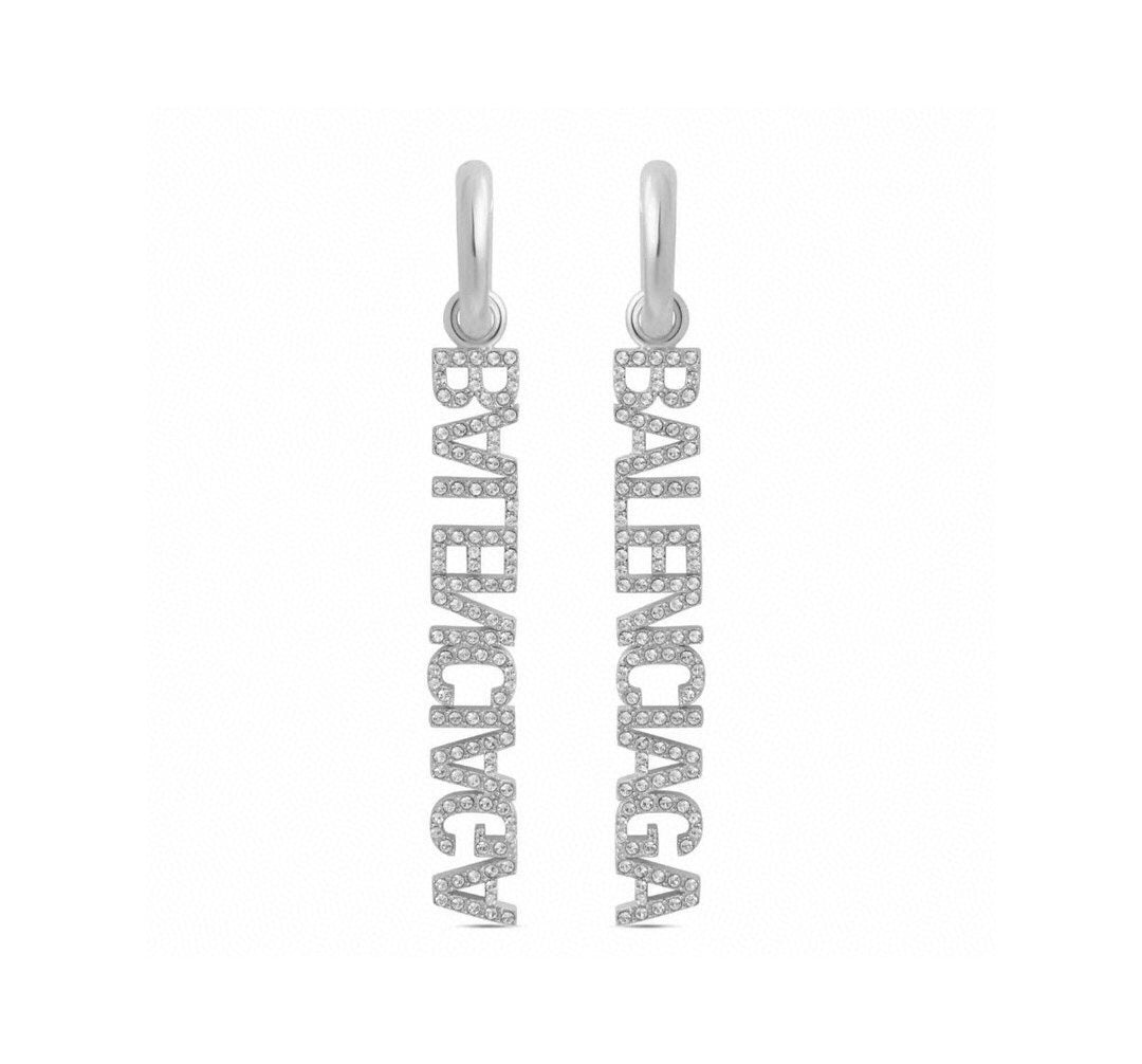 18K BB Typo Mirror Hoop Crystals Earrings