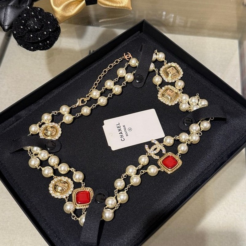 18K CC Long Pearl Red Crystals Necklace