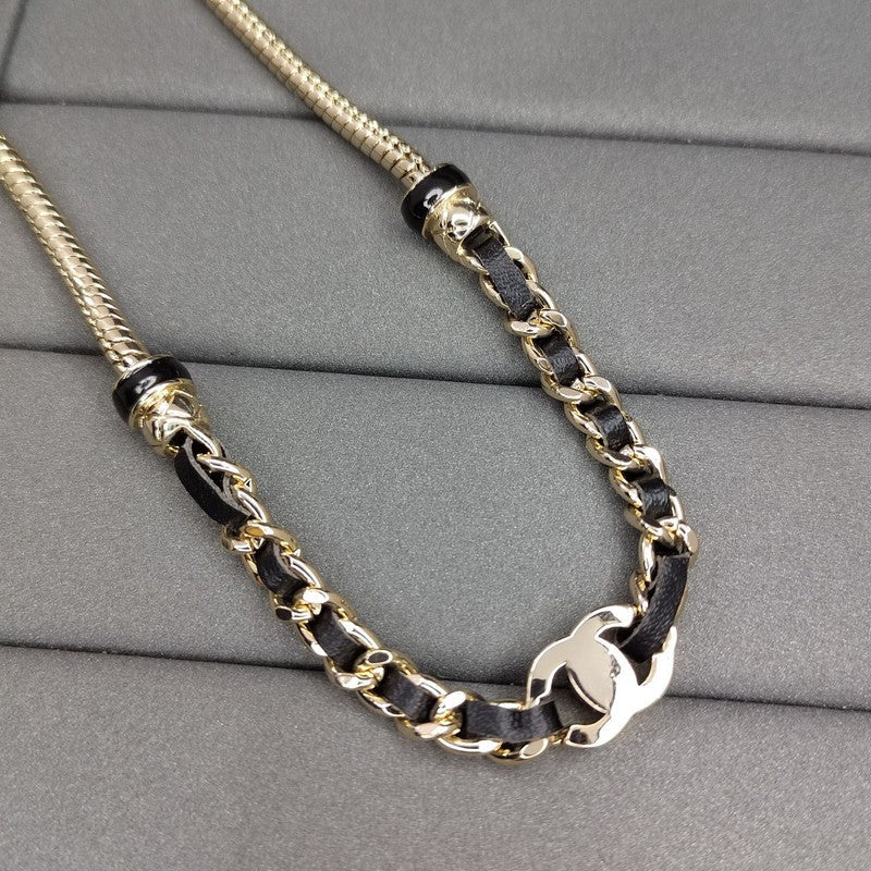 18K CC Black Leather Gold Chain Necklace