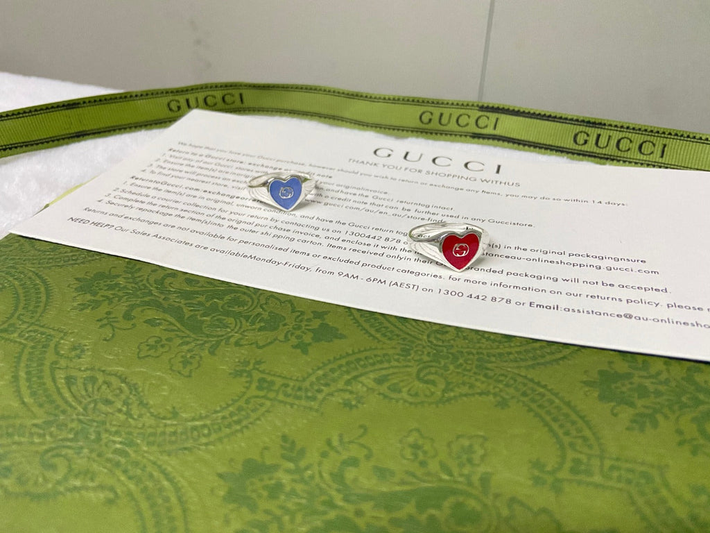 Double G Interlocking G Blue Enamel Heart Ring