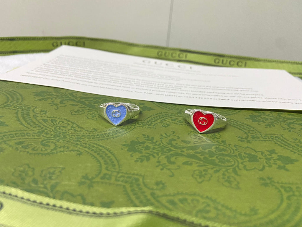 Double G Interlocking G Blue Enamel Heart Ring